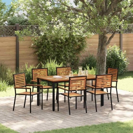 Vidaxl 7 Daļu Dārza Galds Melns Polyratan Akācija, Vidaxl Saliekamie Dārza Krēsli Ar Spilveniem 2 Gabali Melns Polyratan,  Dārza Galds 150X90X75 Cm Ciets Akācijas Koks Un Metāls Vidaxl