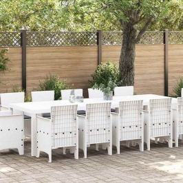 Vidaxl 13 Daļu Dārza Ēdamgalds Ar Spilveniem Balta Polietilēna Rotangpalma, Vidaxl Dārza Galds Balts 150X100X73 Cm Polietilēna Rotangpalma,  Dārza Krēsli Ar Spilveniem 4 Gabali Balta Polietilēna Rotangpalma Vidaxl