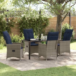Vidaxl 5 Elementu Dārza Ēdamgalds Ar Spilveniem Pelēkā Poli Rattan,  Dārza Galds Melns 140X80X73 Cm Ar Temperatūras Drošības Stiklu Vidaxl