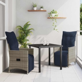 Vidaxl 3 Daļu Dārza Ēdamgalds Ar Spilveniem Pelēkā Poliratanā,  Dārza Galds Melnā Krāsā 80X80X73 Cm Ar Temperētu Stiklu Vidaxl