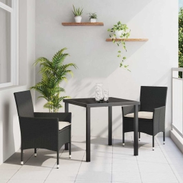 Vidaxl 3 Gab. Dārza Ēdamistabas Komplekts Ar Spilveniem, Melnā Poliratanā,  Dārza Galds Melnā Krāsā 80X80X73 Cm, Stikls Vidaxl