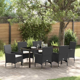 Vidaxl 7 Daļu Dārza Galds Ar Spilveniem Melnā Poli Rotangpalma,  Dārza Galds Melns 160X80X73 Cm Stiprināts Stikls Vidaxl