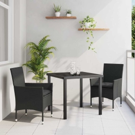 Vidaxl 3 Gab. Dārza Galds Ar Spilveniem Melnais Polietilēna Rotangpalma,  Dārza Galds Melnais 80X80X73 Cm Temperēts Stikls Vidaxl