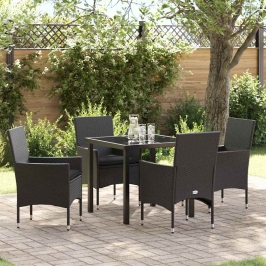 Vidaxl 5 Daļu Dārza Ēdamset Ar Spilveniem Melnā Polyrattan,  Dārza Galds Melns 80X80X73 Cm Ar Rūdītu Stiklu Vidaxl