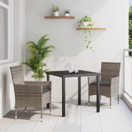 Vidaxl 3 Daļu Dārza Ēdamgaldu Komplekts Ar Spilveniem Pelēkā Poli Rotangpalma,  Dārza Galds Melns 80X80X73 Cm Ar Stikla Virsmu Vidaxl
