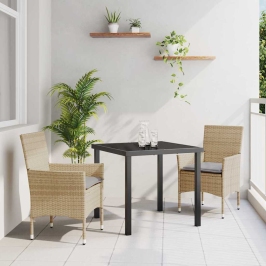 Vidaxl 3 Gabalu Dārza Ēdamgalda Komplekts Ar Spilveniem Bēša Poliratanā,  Dārza Galds Melnā Krāsā 80X80X73 Cm Ar Stiprinātu Stiklu Vidaxl