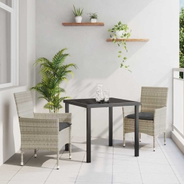 Vidaxl 3 Daļīgu Dārza Dīnāšanas Komplekts Ar Spilveniem Gaiši Pelēks Sintētiskā Rotangpalma,  Dārza Galds Melns 80X80X73 Cm Temperēts Stikls Vidaxl