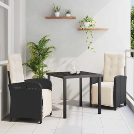 Vidaxl 3 Gabalu Dārza Galds Ar Spilveniem Melna Poli Rotangpalma,  Dārza Galds Melns 80X80X73 Cm Temperatūras Stikls Vidaxl
