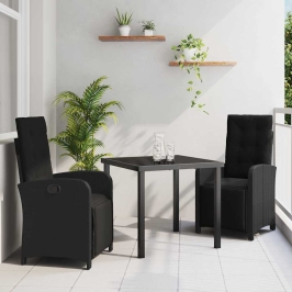 Vidaxl 3 Daļu Dārza Galds Ar Spilveniem Melnā Polietilēna Rotangpalma,  Dārza Galds Melnā 80X80X73 Cm Temperēts Stikls Vidaxl