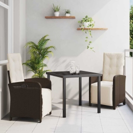 Vidaxl 3 Daļu Dārza Ēdamistabas Komplekts Ar Spilveniem Brūnā Poli Rotangpalmas,  Dārza Galds Melns 80X80X73 Cm Temperēts Stikls Vidaxl