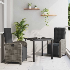 Vidaxl 3 Daļu Dārza Komplekts Ar Spilveniem Pelēkā Polietilēna Rotangpalmas,  Dārza Galds Melns 80X80X73 Cm Ar Temperatūras Izturīgu Stiklu Vidaxl
