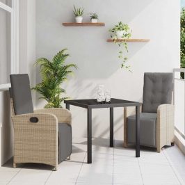 Vidaxl 3 Gabalu Dārza Ēdamgalds Ar Spilveniem Bēšā Poli Rattan,  Dārza Galds Melnā Krāsā 80X80X73 Cm Temperētā Stiklā Vidaxl