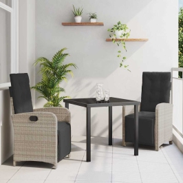 Vidaxl 3 Daļīgs Dārza Ēdamgalds Ar Spilveniem Gaiši Pelēkā Poli Rotangpalmas Krāsā,  Dārza Galds Melns 80X80X73 Cm Rūdīta Stikla Vidaxl