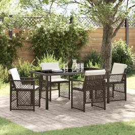 Vidaxl 5 Gabalu Dārza Ēdamgalds Ar Spilveniem Brūns Poli Rattan,  Dārza Galds Melns 160X80X73 Cm Temperēts Stikls Vidaxl