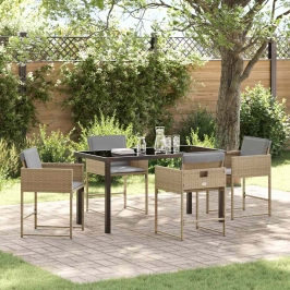 Vidaxl 5-Personu Dārza Ēdamgalds Ar Spilveniem Bēšs Poli Rotangpalmas,  Dārza Galds Melns 140X80X73 Cm Rūdīts Stikls Vidaxl