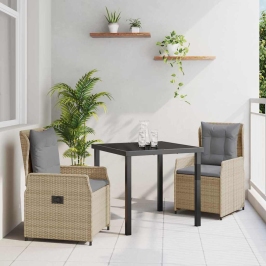 Vidaxl 3 Daļu Dārza Ēdamgalds Bēša Polietilēna Rattan,  Dārza Galds Melns 80X80X73 Cm Temperatūras Stikls Vidaxl