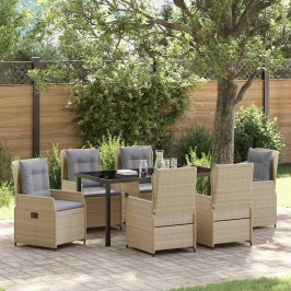 Vidaxl 7 Daļu Dārza Ēdamistabas Komplekts Bēšs Poli Rattan,  Dārza Galds Melns 160X80X73 Cm Temperēts Stikls Vidaxl