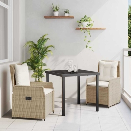 Vidaxl 3 Gabalu Dārza Ēdamgalds Bēšs Polietilēna Rotangpalma,  Dārza Galds Melns 80X80X73 Cm Temperēts Stikls Vidaxl