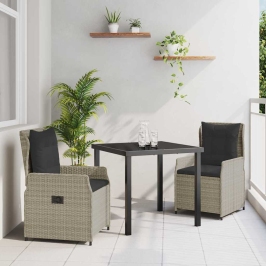 Vidaxl 3 Gabalu Dārza Galds Gaiši Pelēka Polirotangpalma,  Dārza Galds Melnā Krāsā 80X80X73 Cm Ar Stikla Virsmu Vidaxl