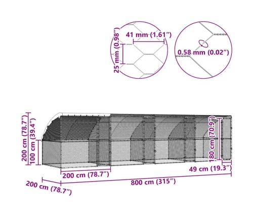 Vistu Būris Sudraba 800 X 200 X 198.5 Cm Cinkots Tērauds Vidaxl