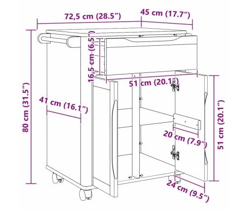 Virtuves Ratiņš Balts 72,5 X 45 X 80 Cm Cieta Priede Vidaxl