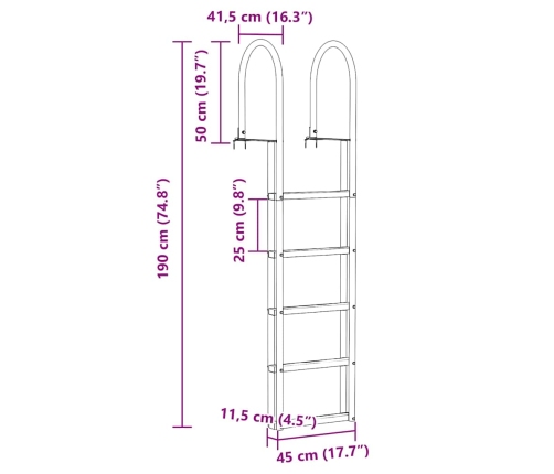 Vidaxl Piestātņu Kāpnes Sudraba 45 X 11.5 X 190 Cm Alumīnijs