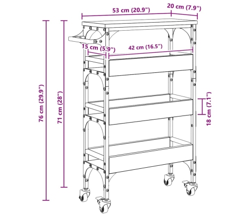 Virtuves Ratiņš Melns Ozolkoks 53 X 20 X 76 Cm Vidaxl