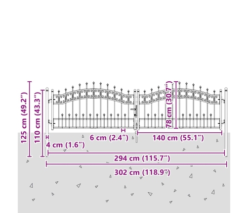Žoga Vārti Ar Speara Augšdaļu Pelēka 305 X 75 Cm Tērauds Vidaxl