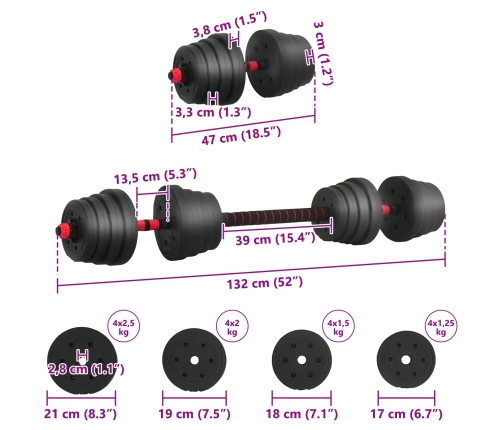 2-In-1 Hanteles Komplekts Melns Un Sarkans 121 X 19,5 X 19,5 Cm Vidaxl
