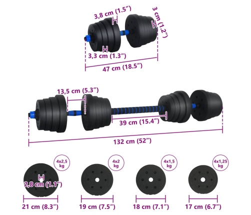 2-In-1 Hanteles Komplekts Melna Un Zila 121 X 19,5 X 19,5 Cm Vidaxl