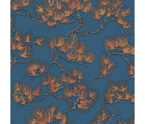 DUTCH WALLCOVERINGS tapete, priedes apdruka, zila ar zeltu