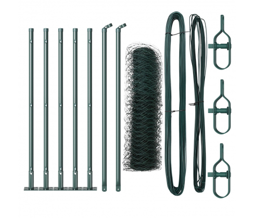 Vidaxl Sešstūra Žogs Zaļš 0.5X10 M Tērauds,  Žogu Stabi Ar Pamatplāksnēm 7 Gab. Ø32Mm 70Cm Galvanizēts Tērauds Vidaxl