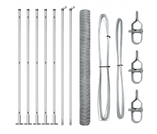 Vidaxl Sešstūra Žogs 1.5X10 M Cinkots Tērauds,  Žogu Stabi Ar Pamatplāksnēm 7 Gab. Ø32Mm 83.5Cm Cinkots Tērauds Vidaxl