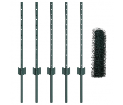 Vidaxl Žogu Stabi 11 Gabali U-Kanāls Zaļš 120 Cm Tērauds,  Sešstūra Žogs Zaļš 0,6X10 M Tērauds Vidaxl