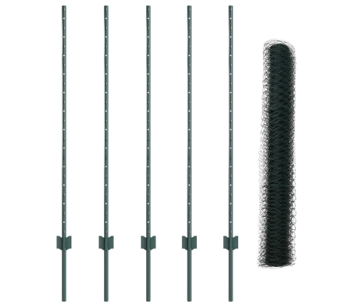 Vidaxl Žoga Stabi 5 Gab. U-Kanāla Zaļi 120 Cm Tērauds,  Sešstūra Žogs Zaļš 1.2X10 M Tērauds Vidaxl