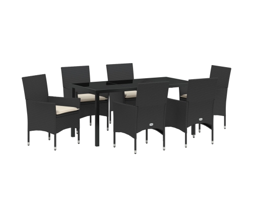 Vidaxl 7 Daļu Dārza Galds Ar Spilveniem Melnā Poli Rotangpalma,  Dārza Galds Melns 160X80X73 Cm Stiprināts Stikls Vidaxl