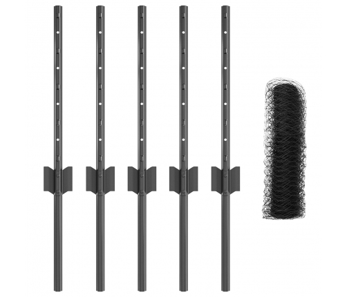 Vidaxl Žogu Stabi 5 Gab. U-Kanāls Pelēks 40 Cm Tērauds,  Seškantīgais Žogs Pelēks 0,4X10 M Tērauds Vidaxl