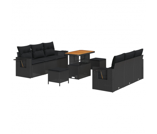Vidaxl 9 Gabalu Dārza Dīvānu Komplekts Ar Spilveniem Melnā Poli Rotangpalmas Akācijā,  3 Gabalu Dārza Ēdināšanas Komplekts Ar Spilveniem Melnā Poli Rotangpalmas Akācijā Vidaxl