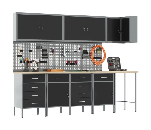 12 Daļu Darba Skapja Un Piekareņu Komplekts Melns Mdf Un Metāls Vidaxl