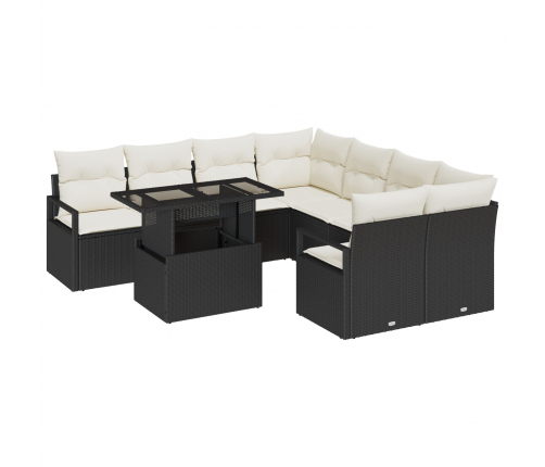 Vidaxl 9 Gabalu Dārza Dīvānu Komplekts Ar Spilveniem Melns Polietilēna Rotangpalma,  2-Sēdvietu Dārza Dīvāns Ar Glabāšanu Un Spilveniem Melns Polietilēna Rotangpalma Vidaxl