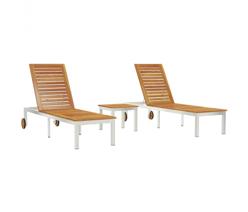 Vidaxl Sauļošanās Krēsli 2 Gabali Ar Galdu Masīvkoks Akācija,  Sauļošanās Krēsls Ar Riteņiem 207X58X35 Cm Masīvkoks Akācija & Nerūsējošais Tērauds Vidaxl