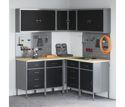12 Daļu Darba Skapja Un Piekareņu Komplekts Melns Mdf Un Metāls Vidaxl