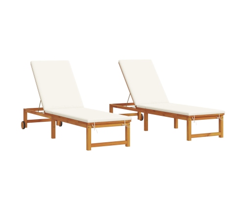 Vidaxl Sauļošanās Atpūtnieki 2 Gab. Ar Spilveniem Cietais Akāciju Koks,  Sauļošanās Atpūtnieks Ar Krēmkrāsas Spilveniem Cietais Akāciju Koks Vidaxl