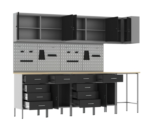 12 Daļu Darba Skapja Un Piekareņu Komplekts Melns Mdf Un Metāls Vidaxl