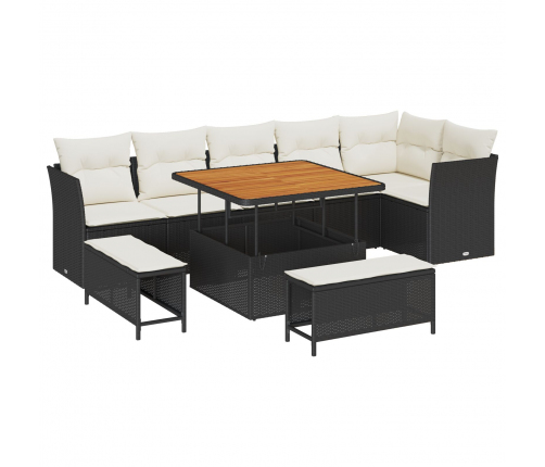 Vidaxl 9 Gabalu Dārza Dīvānu Komplekts Ar Spilveniem Melns Poli Rotangpalma Akācija,  3 Gabalu Dārza Ēdamistabas Komplekts Ar Spilveniem Melns Poli Rotangpalma Akācija Vidaxl