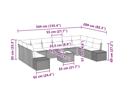 11 Daļu Dārza Dīvānu Komplekts Ar Spilveniem Beigā Poli Rotangpalma Vidaxl