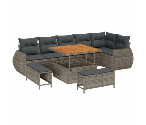 Vidaxl 9 Gabalu Dārza Dīvānu Komplekts Ar Spilveniem Pelēkā Poliestera Rotangpalmas Akācijas,  3 Gabalu Dārza Ēdamgalds Ar Spilveniem Pelēkā Poliestera Rotangpalmas Akācijas Vidaxl