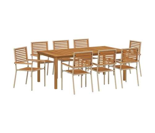 Vidaxl 9 Daļu Dārza Ēdamgalds Bēšs Poli Rattan Akācija,  Saliekamie Dārza Krēsli Ar Spilveniem - 2 Daļu Komplekts Bēšs Poli Rattan Vidaxl