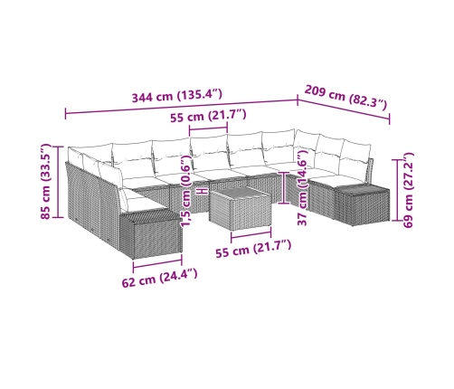 11 Daļu Dārza Dīvānu Komplekts Ar Spilveniem Melnā Poli Rattan Akācijā Vidaxl