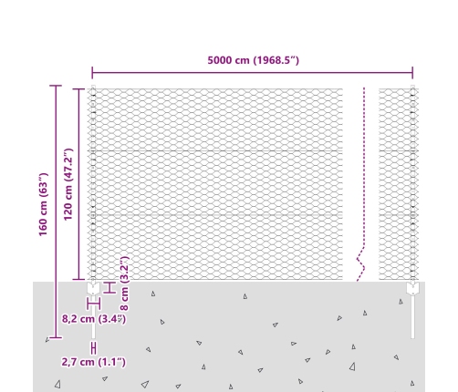 Vidaxl Žogu Stabi 22 Gab U-Kanāls Pelēks 120 Cm Tērauds,  Sešstūra Žogs Pelēks 1.2 X 50 M Tērauds Vidaxl